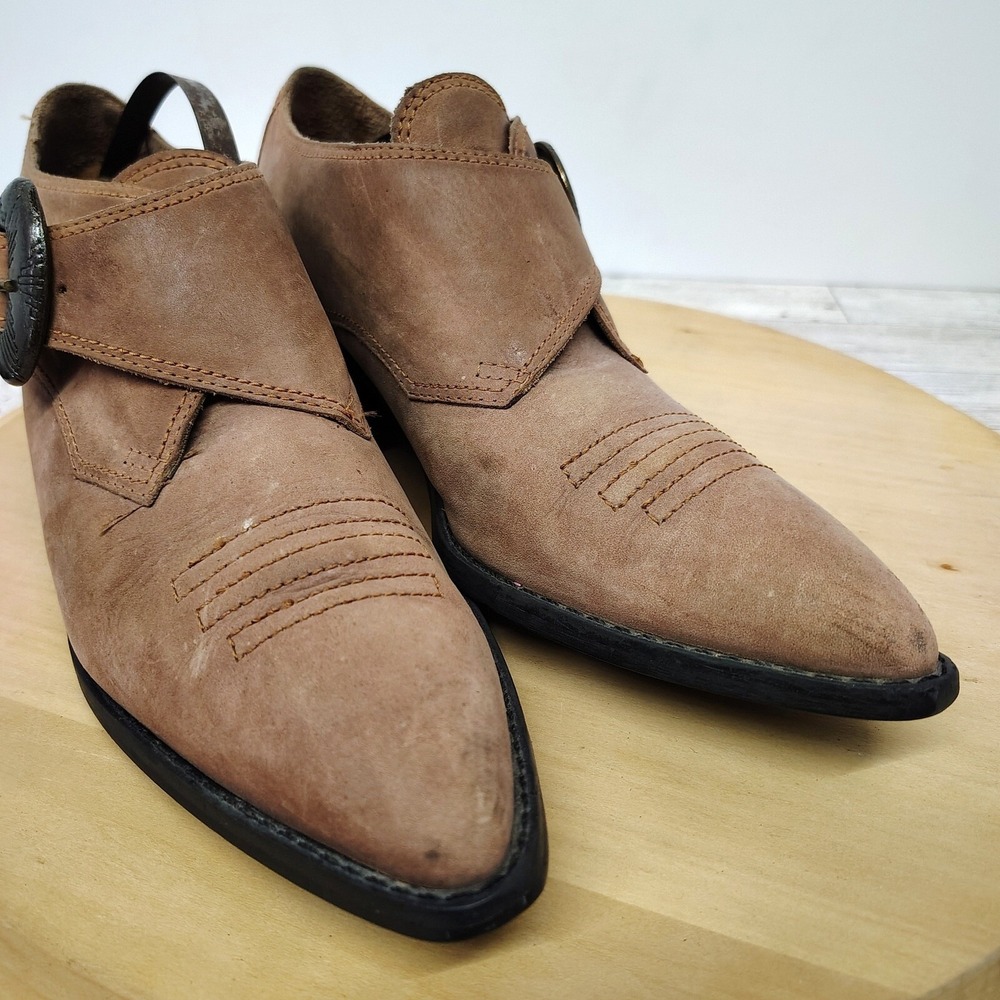 Western Cowgirl Ankle Boots Point Toe Brown Faux Suede Buckle Womens Sz 8M (F8)